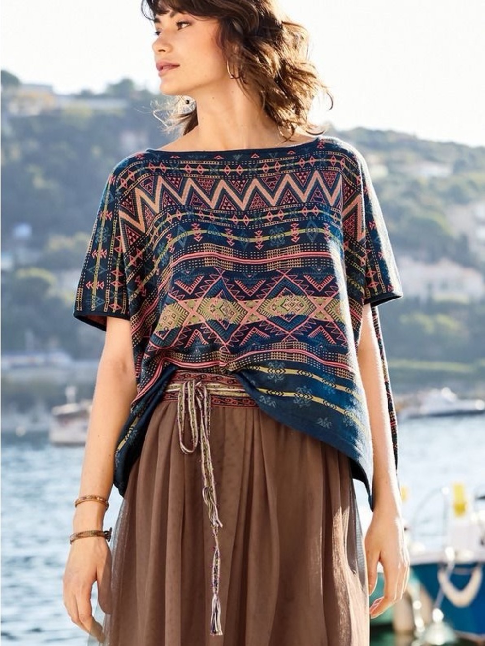 Peruvian Connection Knit Sweater Geometric Jacquard Aztec Chevron Blue Tan Pink